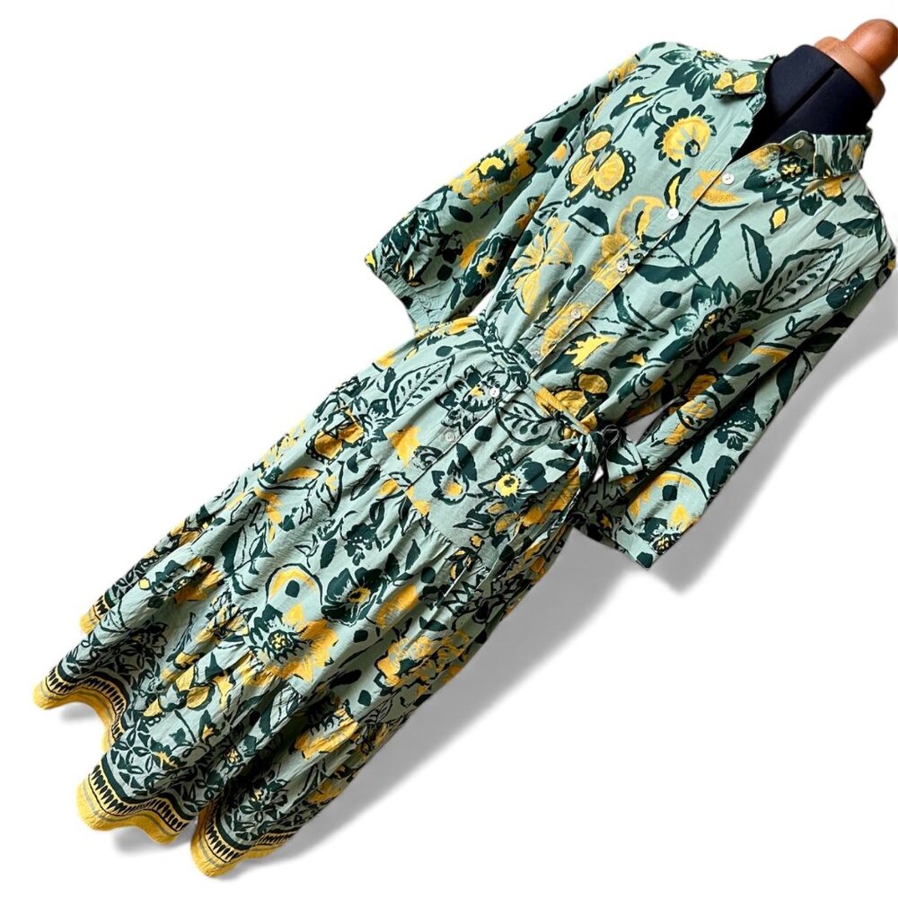 Figuerao & Flower Womens Long Sleeve Floral Button-Up Midi Dress Green/Yellow Si